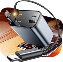 Ištraukiamas automobilinis įkroviklis, 4 in 1 greitasis įkroviklis USB C automobilinis sunkvežimio priedas, kelionių reikmenys, dovanos moterims vyrams, automobilių priedai iPhone 17 Pro Max Air 16 15 14 13 Plus, Galaxy, Pixel (pilka)