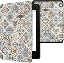 kwmobile Flip Case Compatible with Amazon Kindle Paperwhite 11th Generation 2021 - Case eReader - Wooden Moroccan Tiles Multicoloured Brown