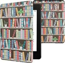 kwmobile Flip Case Compatible with Amazon Kindle Paperwhite 11th Generation 2021 Case - eReader Case - Bookshelf with Plants Blue Green Pink