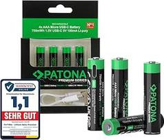 PATONA 8 x Premium AAA mikro baterijos, 750 mWh 1,5 V 500 mAh baterija, įkraunama, USB-C įėjimas 100 mA, 1-2 USB-C įkrovimo laidas, patvari, daugiau kaip 1000 įkrovimo ciklų, skirta fotoaparatams, nuotolinio valdymo pultams