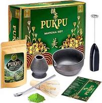 PUKPU Matcha arbatos rinkinys - japoniškas ceremonijų rinkinys su Matcha milteliais, elektrine Matcha šluotele, bambukine šluotele, Chashaku šaukšteliu, Matcha dubenėliu ir nerūdijančio plieno priedais - aukščiausios kokybės dovanų rinkinys arbatos ceremo