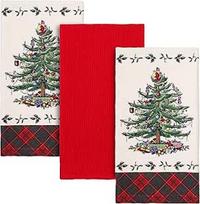 "Avanti Linens Tree Spode Christmas Collection", raudonas tartano raštas, 3 dalių virtuvinių rankšluosčių rinkinys