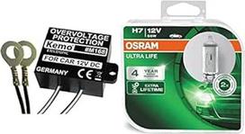 "Kemo M168" įtampos viršįtampių apsauga 12V/DC. Slopina įtampos šuolius automobilio elektros sistemose. Apsaugo nuo jautrios borto elektronikos ir "Osram ULTRA LIFE H7" halogeninių priekinių žibintų lempučių pažeidimų.