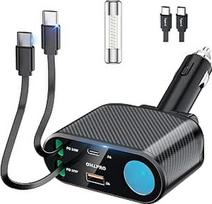 OHLPRO 5-in-1 cigarečių žiebtuvėlio USB C ištraukiamas automobilinis įkroviklis, mobiliojo telefono automobilinis įkroviklis, 100 W 12 V USB adapteris, automobilinis greitasis įkroviklis, automobilinis kištuko daliklis, suderinamas su mobiliuoju telefonu