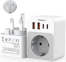 TESSAN adapteris Anglija Vokietija kištukas, sulankstomas 5 in 1 kelioninis G tipo adapteris su 2 USB C ir 2 USB A, mažas sulankstomas dizainas, kištukinis adapteris Londonui Maltai Airijai Dubajui, JK adapteris į ES