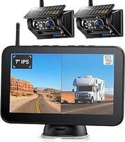 2 belaidės saulės magnetinės atbulinės eigos kameros, 7 colių 1080P HD monitorius, 9600 mAh akumuliatorius, 1 minutės montavimas, IP69K atsparumas vandeniui, skirtos priekaboms, nameliams ant ratų ir sunkvežimiams