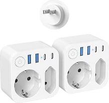 2 kelioninių adapterių pakuotė JAV adapterio lizdas su 4 USB (2 C tipo) kelioniniu adapteriu su jungikliu (iš ES į JP)