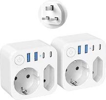 2 pakuotės JK kelioninis adapteris Anglija Vokietija kištukas, kelioninis G tipo kištukinis lizdas su 4 USB (2 C tipo) kelioninis adapteris su jungikliu Airijai, Jungtinei Karalystei (iš ES į JK)