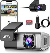 Automobilinė prietaisų skydelio kamera, 4K WiFi prietaisų skydelio kamera automobiliui, prietaisų skydelio kamera 4K priekyje ir 2K gale su programėle, G jutiklis, kilpos įrašymas, 24 valandų parkavimo režimas, 64GB SD kortelė pridedama, palaiko ne daugi