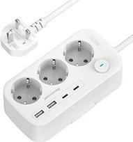 JK adapteris, adapteris Anglija Vokietija kištukas su 3 lizdais ir 4 USB (2 USB C), kištuko adapteris Anglija, G tipo kelioninis adapteris su 1,5 m ilgio jungtimi, skirtas vykti iš ES į Jungtinę Karalystę, Škotiją, Airiją, Dubajų, Maldyvus ir Singapūrą