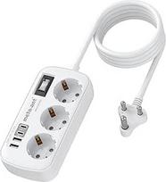 Kelioninis adapteris Indija, 3 kištukiniai lizdai ir 4 USB (2 USB-C 3.4A), greitasis įkroviklis, D tipo adapteris Indijai, Šri Lankai, Nepaliui, Irakui, Madagaskarui, Namibijai, 1,5 m ilgio laidas