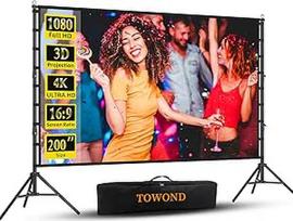 TOWOND 200 colių lauko projektoriaus ekranas, nešiojamasis projektoriaus ekranas ir stovas, 16:9 4K HD galinis priekinis kino ekranas su krepšiu kiemo kinui