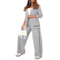 Dviejų dalių švarkų komplektas moterims, laisvas švarkas su atvartu, megztinis su aukštu liemeniu, plačios kelnės, laisvalaikio dalykinis kostiumas L