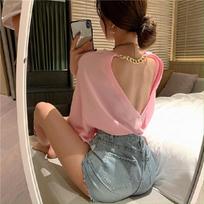 2024 Spring Women's Western-Style Sexy Backless Loose Chain Short-Sleeve T-Shirt XX-Large