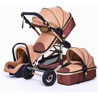 Kombinuotas kūdikio vežimėlis Trio Pack 3 in 1 Rudo rėmo aukštas su amortizatoriais Sulankstomas Atbulai dedama automobilio kėdutė Nepraduriami ratai ruda