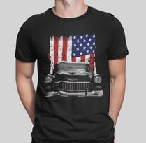 1955 Chevy Bel Air Priekinės grotelės Vaizdas Siluetas Su JAV Vėliava Marškinėliai Unisex Marškinėliai S