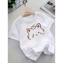 European sizes Girls' Cute Shiba Inu-like Cat-Ear T-Shirt - Summer Short Sleeve Round Neck Top with Smiling Puppy-like Face Print 98cm balta