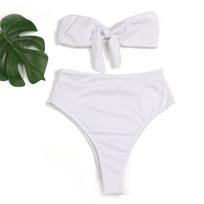 Moteriški maudymosi kostiumėliai, vienspalviai, juostelės, seksualūs dirželiai aukštu juosmeniu, bikini Brazilijos paplūdimio apranga, maudymosi kostiumėliai S balta