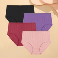 FINETOO 4PCS/SET Cotton Striped Women's Underwear Sexy High Waist Panties Solid Soft Briefs Female Breathable Stretch Lingerie S