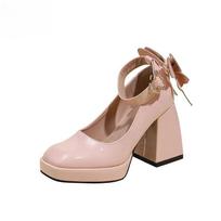 Platform Mary Jane High Heels Women Luxury Chunky Heeled Buckle Strap Pink Bow Lolita Shoes Female Sweet Cosplay Pumps 35 šviesiai rausvos spalvos