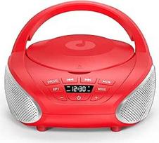 "Gueray" nešiojamasis CD grotuvas "Boombox", kompaktiškas radijo imtuvas su stereofoniniais garsiakalbiais, FM radiju, 3,5 mm AUX įvesties ausinių lizdu ir LCD ekranu, skirtas keliauti lauke ir klausytis knygų (raudonas + sidabrinis)