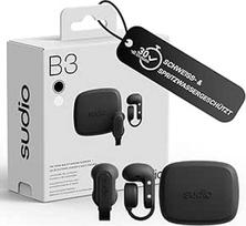 "sudio B3 Midnight Black" - Atviras ausinių spaustukas. Pagamintos iš perdirbto plastiko, atviros ausinės, kaulinio garso technologija, "Bluetooth 5.4", atsparios vandeniui IPX4, ilga grojimo trukmė - iš viso 24 val.