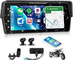 Dvi kameros: CAMECHO motociklo belaidis "Carplay" ir "Android" automobilis motociklui, motociklo navigacija su 6,86 colių IP68 vandeniui atspariu HD jutikliniu ekranu motociklams su DVR/Bluetooth/EQ/TF kortele