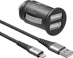 goobay 64804 Dviejų USB prievadų automobilinis įkroviklis USB cigarečių žiebtuvėlio adapteris 12 V / 24 V automobilinis mini USB adapteris automobilinis įkroviklis USB A automobilinis įkroviklis 15,5 W su 1 m "Lightning" kabeliu juodas
