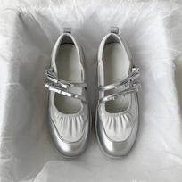 Silver Mary Jane Shoes for Women Sneakers New Fashion Bowknot Belt Buckle Casual Shoes Soft Leather Platform Walking Flats 35