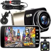 "Retoo Dash Cam" automobilio priekinė galinė kamera su infraraudonųjų spindulių naktinio matymo 360, G-jutiklis, dviguba 1080p vaizdo kamera su parkavimo stebėjimo funkcija, judesio aptikimo funkcija, SD kortelė, 4 colių LCD ekranas, 170° platus kampas