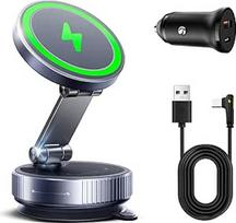 15 W magnetinis automobilinis mobiliojo telefono laikiklis su įkrovimo funkcija ir belaidžiu greituoju įkrovikliu, 360° pasukamas ir sulankstomas, vakuuminis siurbimo puodelis, suderinamas su "iPhone 17 16 15 14" ir "Samsung" (pilkas)