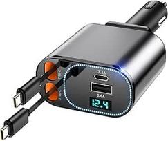 Ištraukiamas automobilinis įkroviklis 123 W automobilinis telefono įkroviklis automobilinis maitinimo adapteris su dviem USB laidais USB A PD QC 4 in 1 greito įkrovimo cigarečių žiebtuvėlis iPhone 17/16 Samsung Galaxy S25/S24 Ultra MacBook, nešiojamasis k