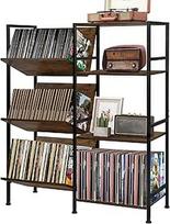 TQVAI Didelis grotuvo stovas, talpina 200 albumų, patefono stovo stalas su vinilinių plokštelių laikymo lentynomis, 3 pakopų kompaktinių diskų laikikliai, medinis ekranas miegamajam, svetainei,