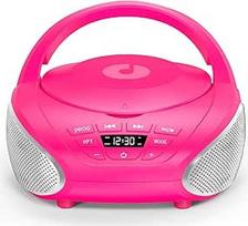 "Gueray" nešiojamasis CD grotuvas "Boombox", kompaktiškas radijo imtuvas su stereofoniniais garsiakalbiais, FM radiju, 3,5 mm AUX įvesties ausinių lizdu ir LCD ekranu, skirtas keliauti lauke ir klausytis knygų (rožinis + sidabrinis)