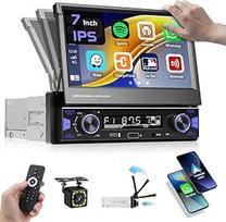 "Hikity" 1 DIN automobilinis radijas su 7 colių IPS rankiniu ištraukiamu jutikliniu ekranu Belaidis "Carplay" "Android" automobilinis FM AM radijas su C tipo USB AUX IN MIC EQ SWC "Bluetooth" automobilinis radijas atbulinės eigos kamera Mirror Link