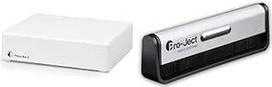 "Pro-Ject Phono Box E", Phono preampas (baltas) ir "Pro-Ject" anglies pluošto valymo šepetėlis, skirtas įrašams