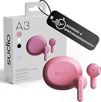 "sudio A3" tikros belaidės ausinės Belaidės "Bluetooth 5.4" ausinės per ausis "Bluetooth" kelių taškų ryšys "Bluetooth" apsaugotas nuo prakaito ir purslų lietimo 25 valandų žaidimo trukmė USB-C įkrovimo dėklas rožinis