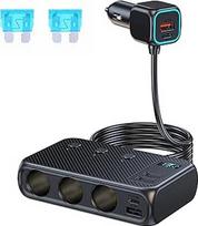 9 in 1 USB C automobilinis įkroviklis automobilinis cigarečių žiebtuvėlio skirstytuvas 171 W su trigubu 12 V/24 V kištukiniu įkrovimo kabelio skirstytuvu su 4 USB + dviem PD prievadais, su atskiru jungikliu, LED įtampos ekranu