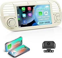 Android 13 automobilinis radijas FIAT 500 (2007-2015) | 7 colių IPS jutiklinis ekranas su vandeniui atsparia HD galinio vaizdo kamera | Belaidis CarPlay ir Android Car | 2GB+64GB GPS Bluetooth vairo valdymas Baltas