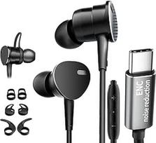 Ausinės su kabeliu "In-Ear", gilaus boso ausinės su ENC triukšmo mažinimo funkcija - laidinės ausinės su mikrofono triukšmo slopinimu, skambučių mikrofono triukšmą slopinančios laidinės ausinės, gilaus boso ausinės (C tipo USB)