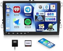 CAMECHO [6G + 128G] Android 15 automobilinis radijas VW Golf 5 Polo Skoda su navigacija Carplay Android Car, 9 colių dvigubo DIN Carplay VW radijas IPS jutiklinis ekranas su Bluetooth 5.0 Mirror Link FM/RDS WiFi SWC