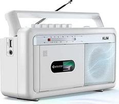 KLIM nešiojamasis kasečių grotuvas "Boombox", AM/FM radijas, "Bluetooth" radijas, kasečių grotuvas ir magnetofonas, USB, garsiakalbis, ausinių lizdas, maitinamas iš akumuliatoriaus ir elektros tinklo - šalčio baltos spalvos
