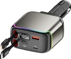 XXZU 137 W cigarečių žiebtuvėlio USB, 4-in-1 automobilinis įkroviklis su 2 ištraukiamais laidais ir USB C + USB A įkrovimo prievadais, 24/12 V įtampos ekranas, automobilinis mobiliojo telefono įkroviklis iPhone/Android/iPad/Laptop