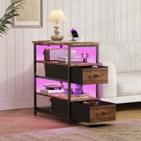 Naktinis staliukas - USB ir LED - Dvigubi stalčiai - Šoninis staliukas su lentynomis - Ruda