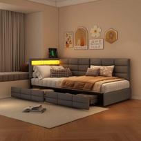 Vaikiška viengulė sofa-lova su LED apšvietimu ir USB jungtimis, 2 stalčiais, grotelių rėmas, 90x200 cm, pilkas linas, be čiužinio(Šoninių panelių negalima reguliuoti ar pasukti)