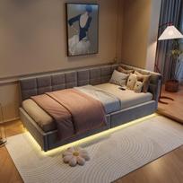 Vaikiška viengulė sofa-lova su USB/C tipo įkrovimo prievadu ir RGB LED šviesos juostele po lova, 90 x 200 cm, aksominė, pilka, be čiužinio