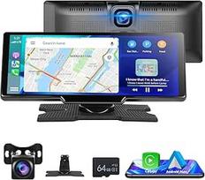 "Podofo" 9,3 colio nešiojamasis automobilinis radijas 2.5K dviguba prietaisų skydelio kamera su belaidžiu "A-pple Carplay" "Android" automobilio ekranu, 7-32V jutiklinis ekranas su balso asistentu / "Bluetooth" / FM siųstuvu / AUX / 64G TF kortelės kamera