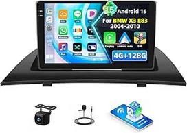 4+128G Android 15 automobilinis radijas BMW X3 E83 2004-2010, 9 colių Incell jutiklinio ekrano radijas su belaidžiu CarPlay ir Android Car Bluetooth 5.0 GPS WiFi FM/RDS 32EQ+ AHD galinio vaizdo kamera