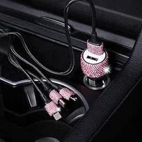 Cigaretės žiebtuvėlio USB įkroviklis Rhinestones Crystal Bling Glitter Diamond automobilinis įkroviklis Dvigubas USB automobilinis įkroviklis, suderinamas su iPhone GalaxyHuawei automobiliniais mobiliųjų telefonų įkrovikliais ir greito įkrovimo laidu, rož