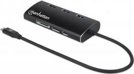 Manhattan USB-C Dock/Hub with Card Reader, Ports (x6): Ethernet, HDMI, USB-A (x3) and USB-C, With Power Delivery (100W) to USB-C Port (Note additional USB-C wall charger and USB-C cable needed), Aluminium, Black, 3 Year Warranty - Dockingstation - USB-C 3.2 Gen 1 - HDMI - 1GbE (152440)